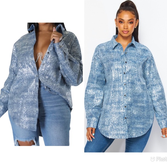 Denim Sequin Blouse - Picture 1 of 7